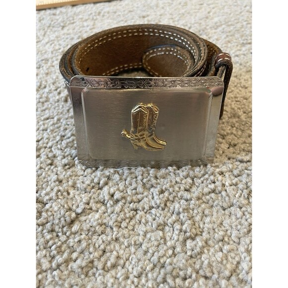 Vintage Bona Allen Brown Leather Belt With Gold And Silver Tone Western‎ Buckle - Picture 2 of 8